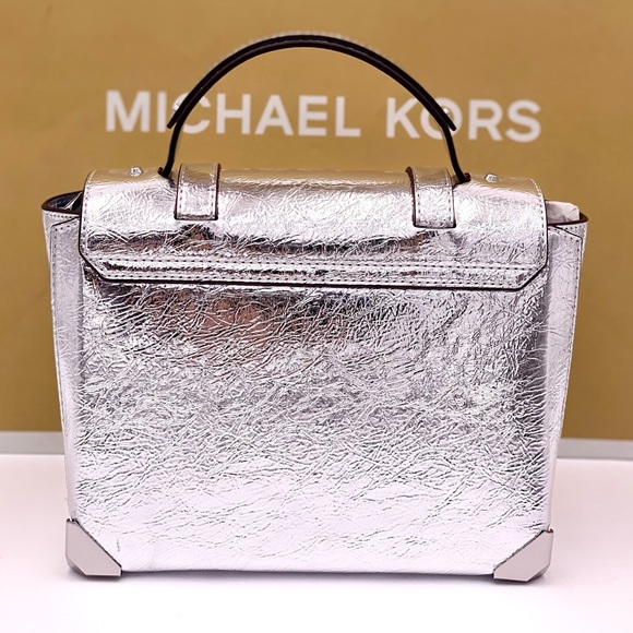 Michael Kors Manhattan Medium Red Leather Satchel Crossbody Bag Silver - Picture 3 of 11